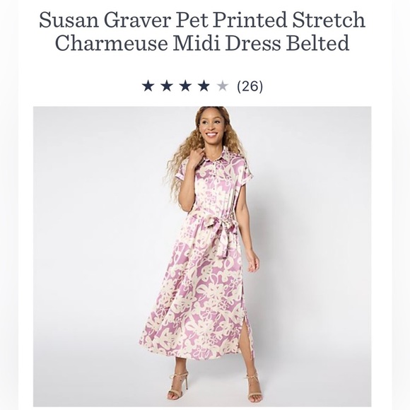 NWT Susan Graver Pet Printed Stretch Charmeuse Midi Dress belted with pockets - Picture 3 of 8